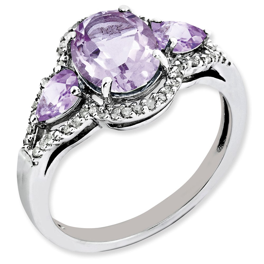 Sterling Silver Rhodium Plated Oval Diamond & Pink Quartz Ring (Size 7 Only)