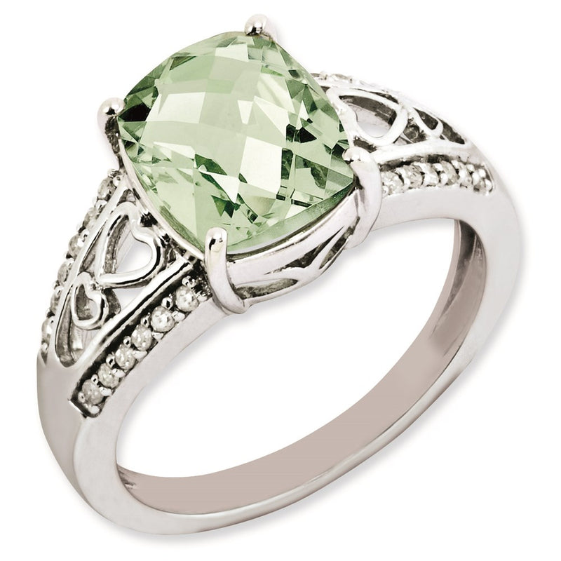 Sterling Silver Rhodium Plated Diamond & Green Quartz Ring (Size 7 Only)