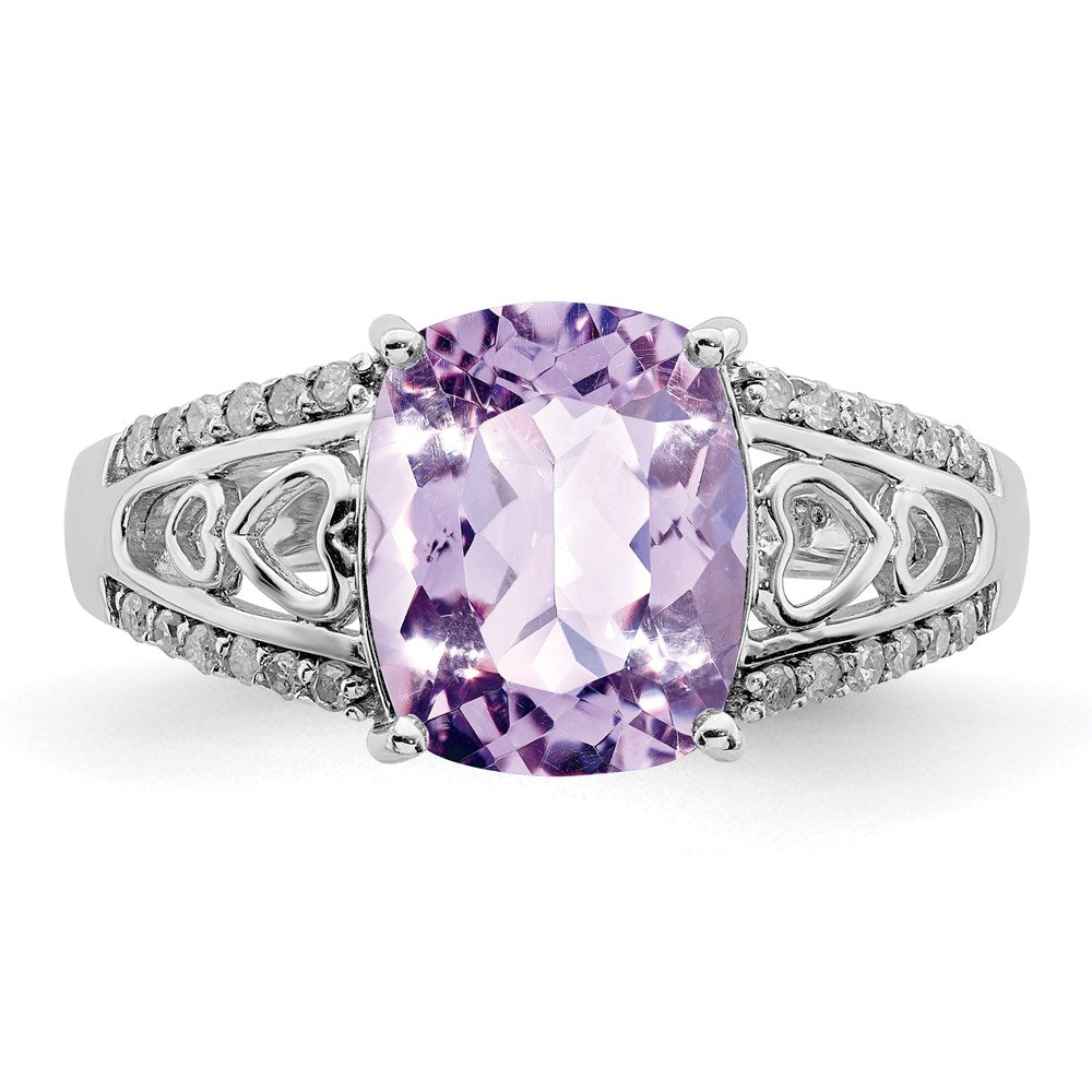 Sterling Silver Rhodium Diamond & Pink Quartz Ring (Size 8 Only)