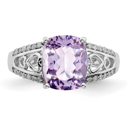 Sterling Silver Rhodium Diamond & Pink Quartz Ring (Size 8 Only)
