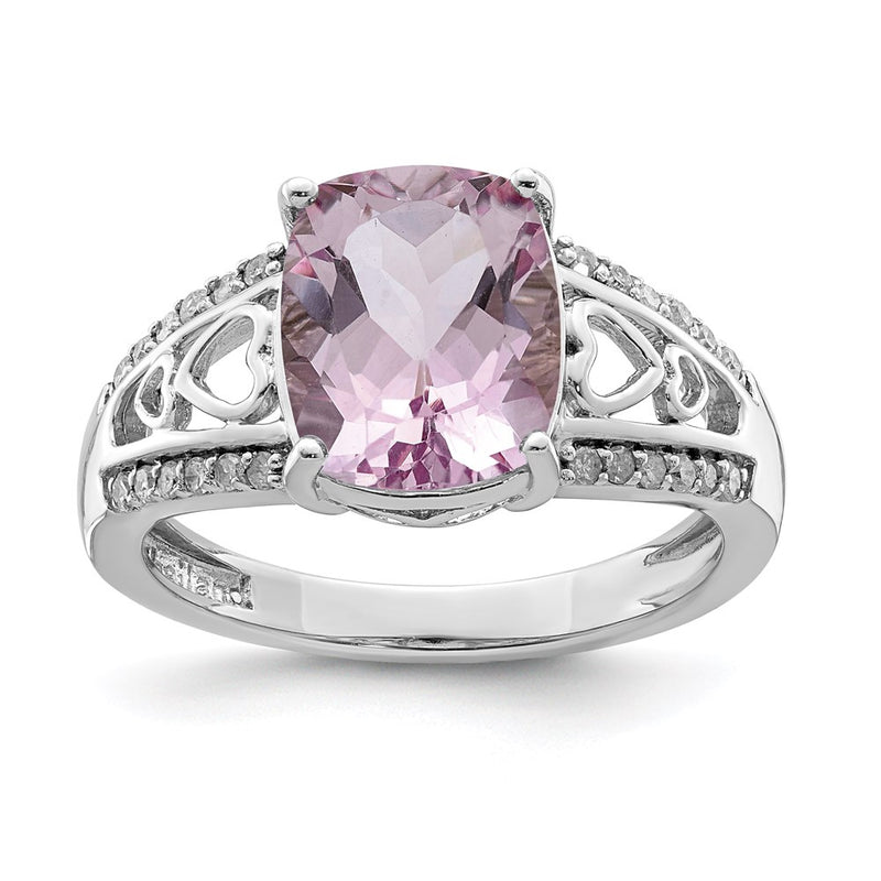 Sterling Silver Rhodium Diamond & Pink Quartz Ring (Size 8 Only)