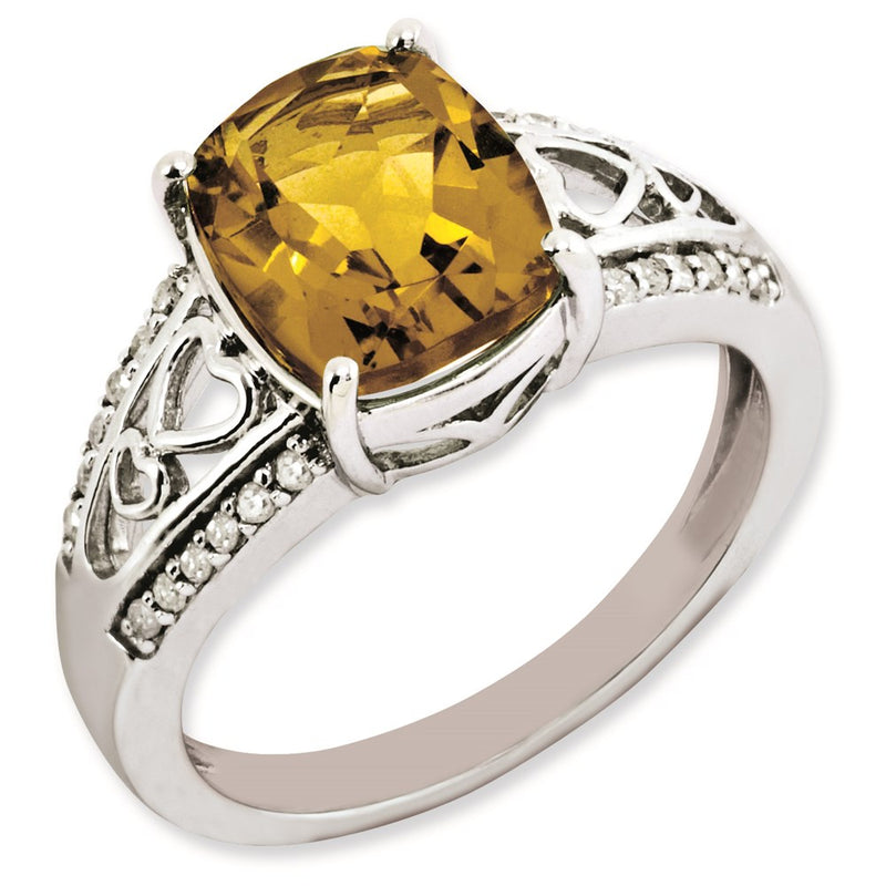 Sterling Silver Rhodium Plated Diamond & Whiskey Quartz Ring (Size 7 Only)