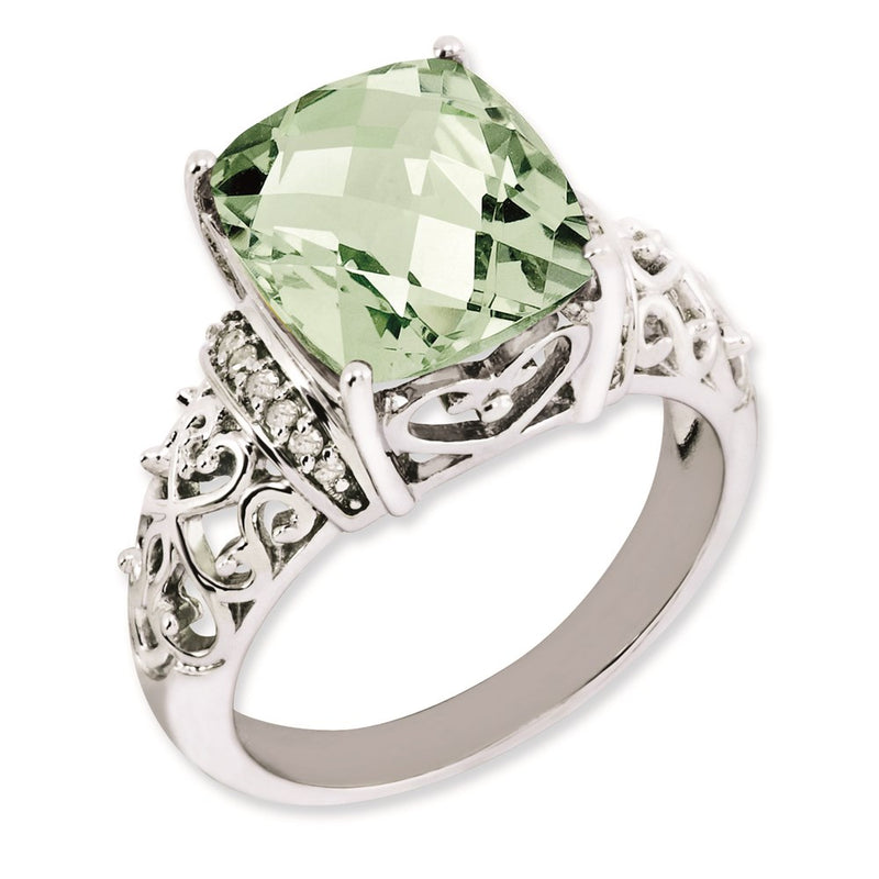 Sterling Silver Rhodium Plated Diamond & Checker Cut Green Quartz Ring (Size 7 Only)