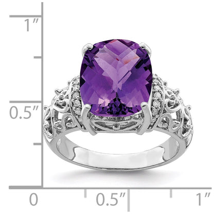 Sterling Silver Rhodium Plated Checker Cut Amethyst & Diamond Ring (Size 7 Only)