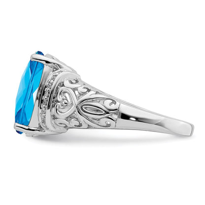 Sterling Silver Rhodium Checker Cut Blue Topaz & Diamond Ring (Size 7 Only)