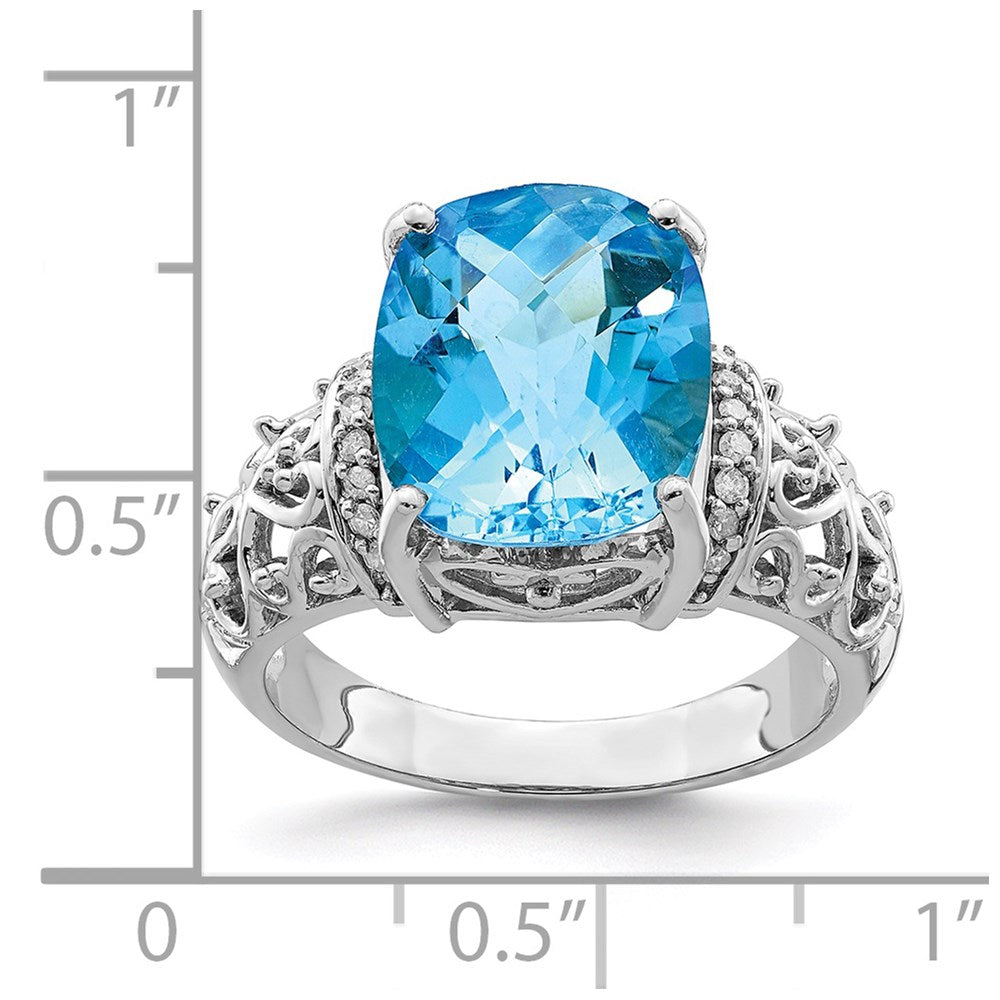 Sterling Silver Rhodium Checker Cut Blue Topaz & Diamond Ring (Size 7 Only)