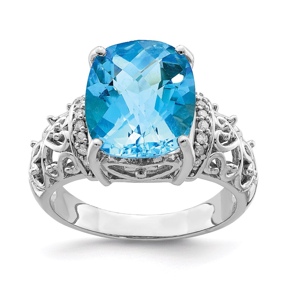 Sterling Silver Rhodium Checker Cut Blue Topaz & Diamond Ring (Size 7 Only)