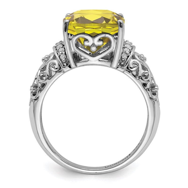 Sterling Silver Rhodium Diamond & Checker Cut Lemon Quartz Ring (Size 7 Only)