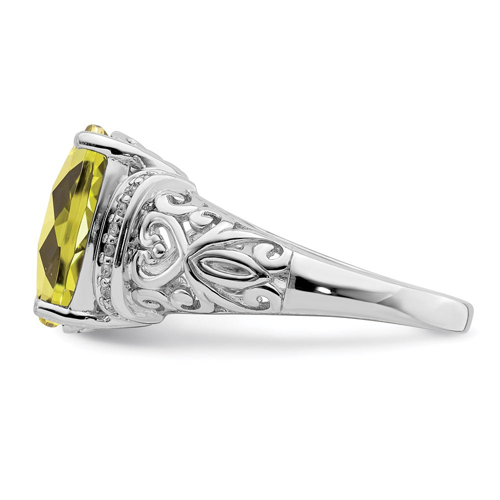Sterling Silver Rhodium Diamond & Checker Cut Lemon Quartz Ring (Size 7 Only)