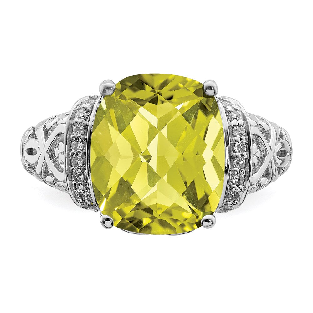 Sterling Silver Rhodium Diamond & Checker Cut Lemon Quartz Ring (Size 7 Only)