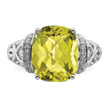 Sterling Silver Rhodium Diamond & Checker Cut Lemon Quartz Ring (Size 7 Only)