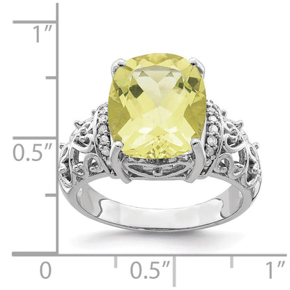 Sterling Silver Rhodium Diamond & Checker Cut Lemon Quartz Ring (Size 7 Only)