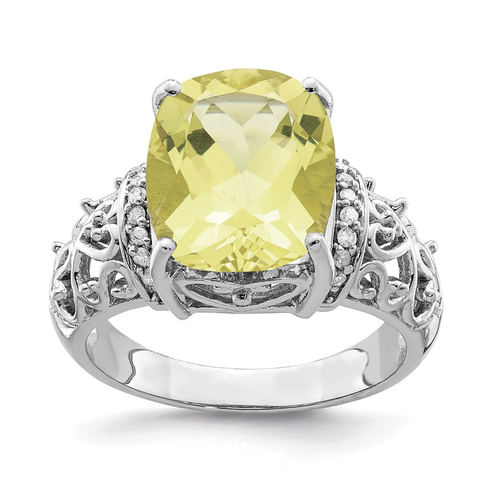 Sterling Silver Rhodium Diamond & Checker Cut Lemon Quartz Ring (Size 7 Only)