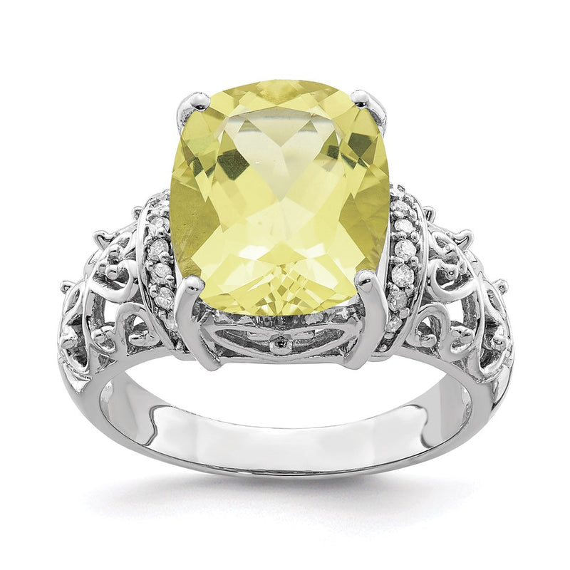Sterling Silver Rhodium Diamond & Checker Cut Lemon Quartz Ring (Size 7 Only)