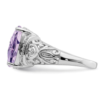 Sterling Silver Rhodium Diamond & Checker Cut Pink Quartz Ring (Size 7 Only)