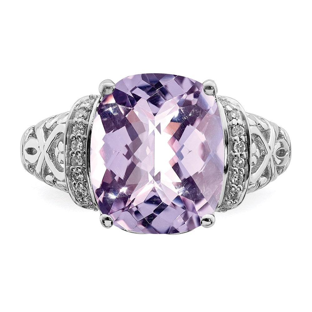 Sterling Silver Rhodium Diamond & Checker Cut Pink Quartz Ring (Size 7 Only)