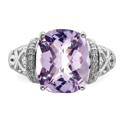 Sterling Silver Rhodium Diamond & Checker Cut Pink Quartz Ring (Size 7 Only)