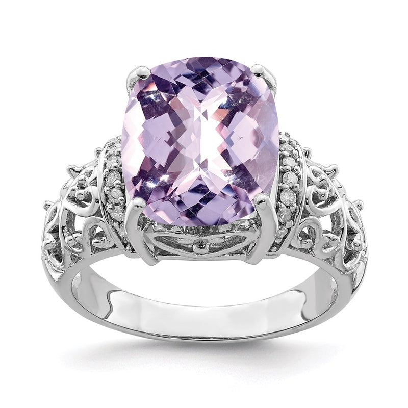 Sterling Silver Rhodium Diamond & Checker Cut Pink Quartz Ring (Size 7 Only)
