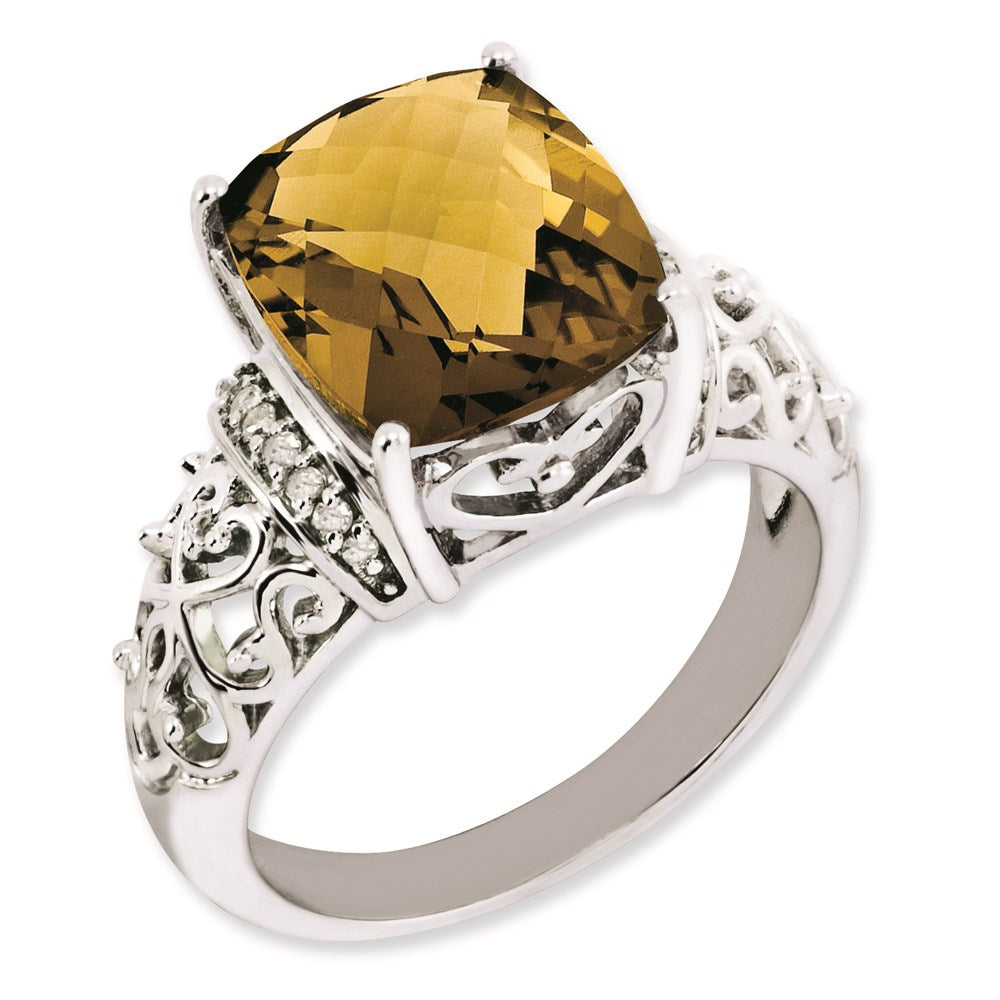 Sterling Silver Rh Plated Diamond & Checker Cut Whiskey Quartz Ring (Size 7 Only)