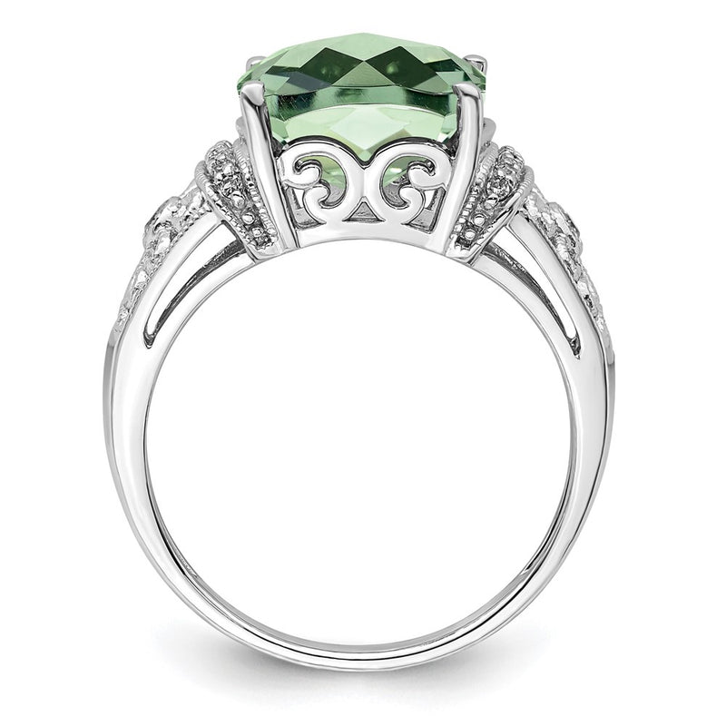 Sterling Silver Rhodium Diamond & Checker Cut Green Quartz Ring