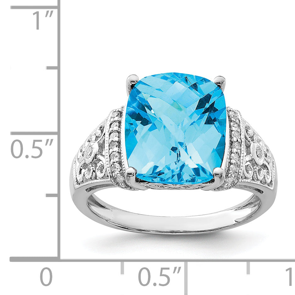 Sterling Silver Rhodium Checker Cut Blue Topaz & Diamond Ring