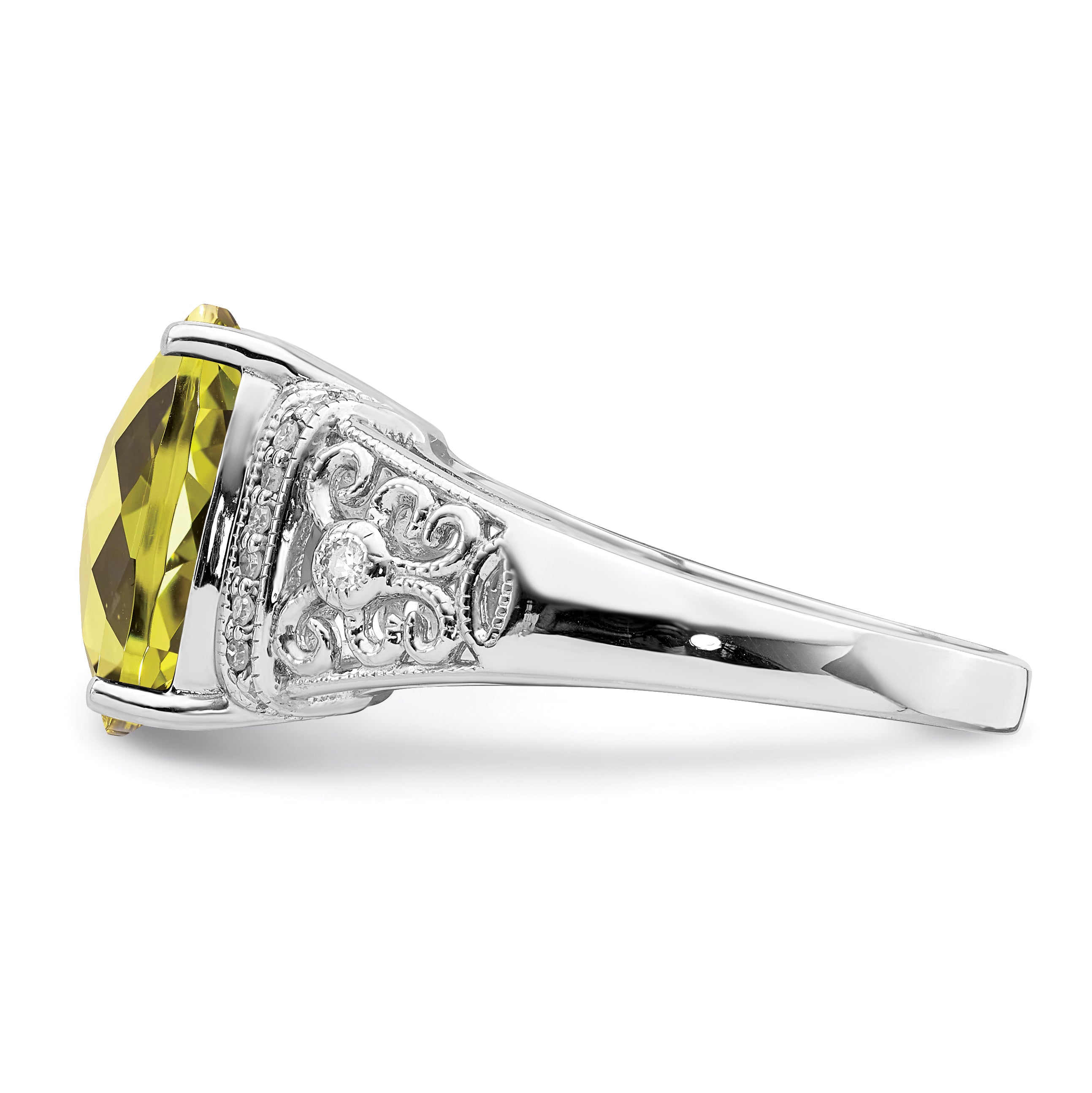 Sterling Silver Rhodium Diamond & Checker Cut Lemon Quartz Ring