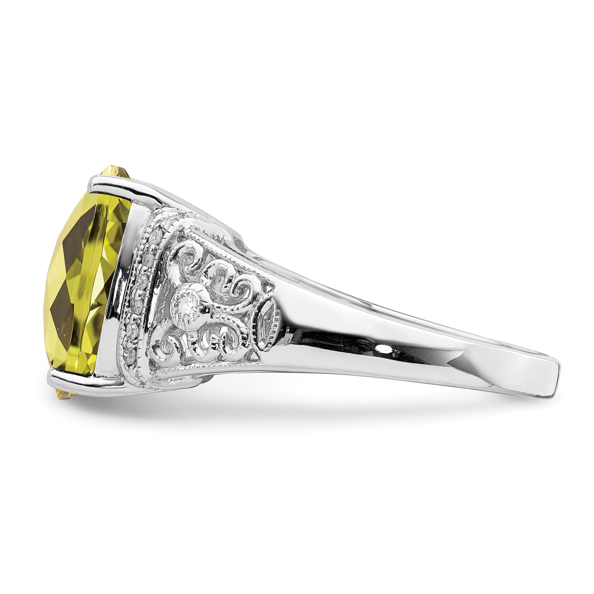 Sterling Silver Rhodium Diamond & Checker Cut Lemon Quartz Ring