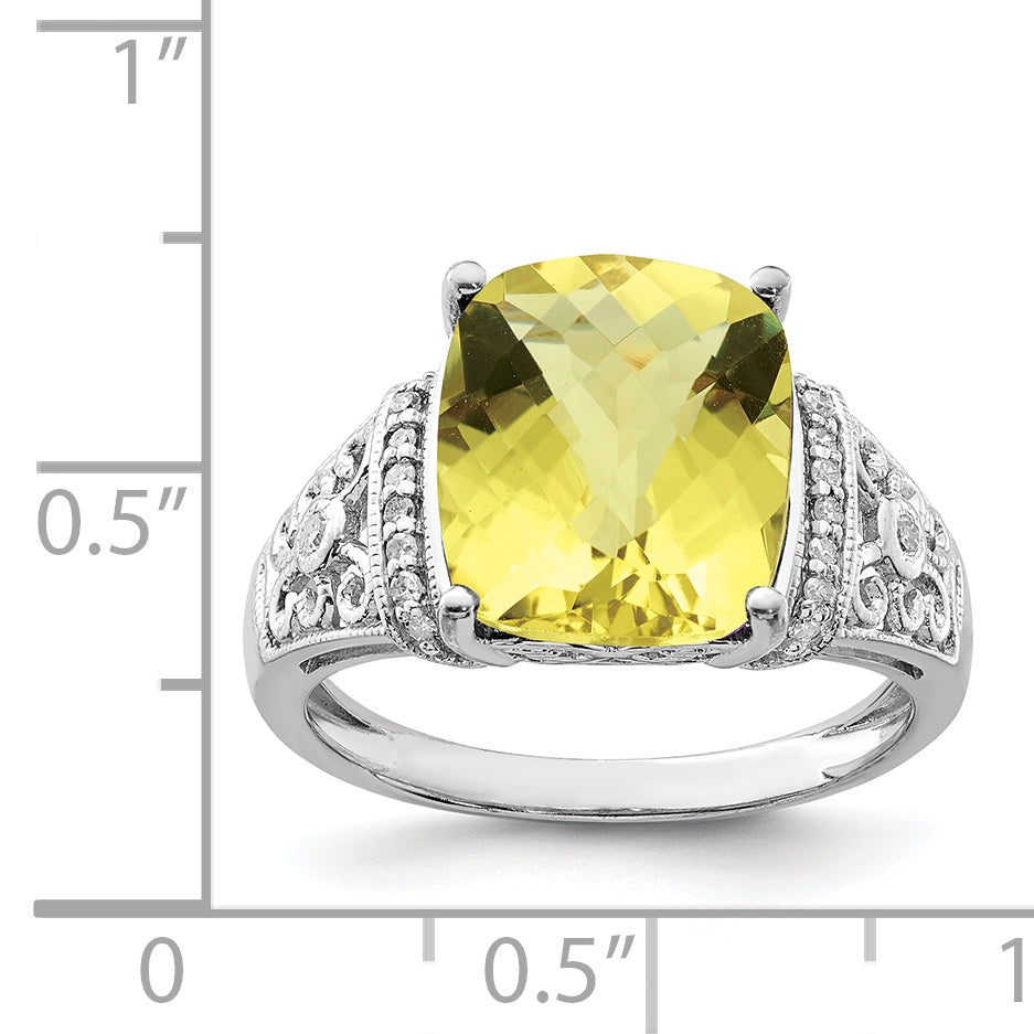 Sterling Silver Rhodium Diamond & Checker Cut Lemon Quartz Ring