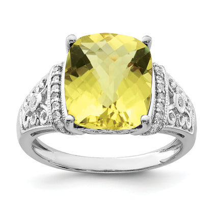 Sterling Silver Rhodium Diamond & Checker Cut Lemon Quartz Ring
