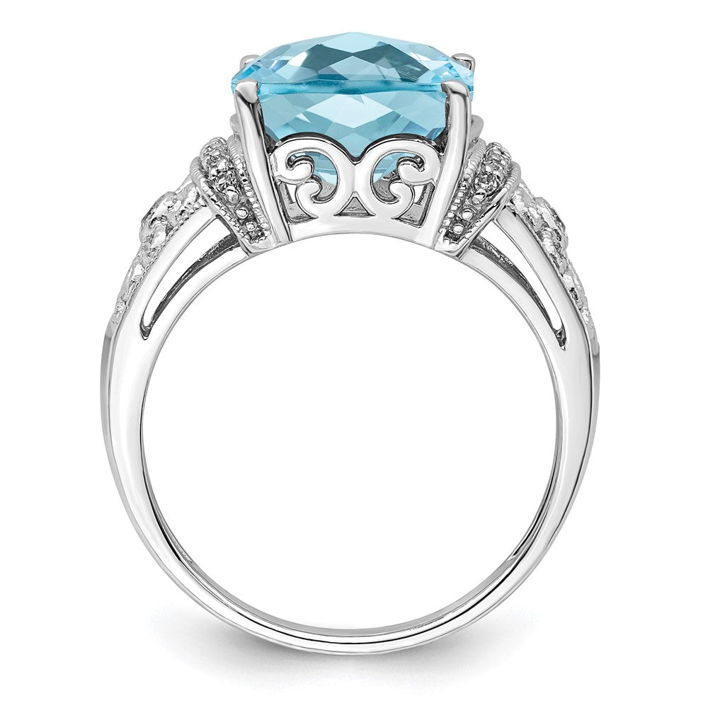 Sterling Silver Rhodium Diamond & Checker Cut Sky Blue Topaz Ring