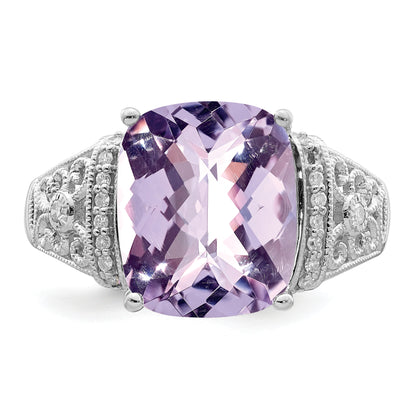 Sterling Silver Rhodium Diamond & Checker Cut Pink Quartz Ring