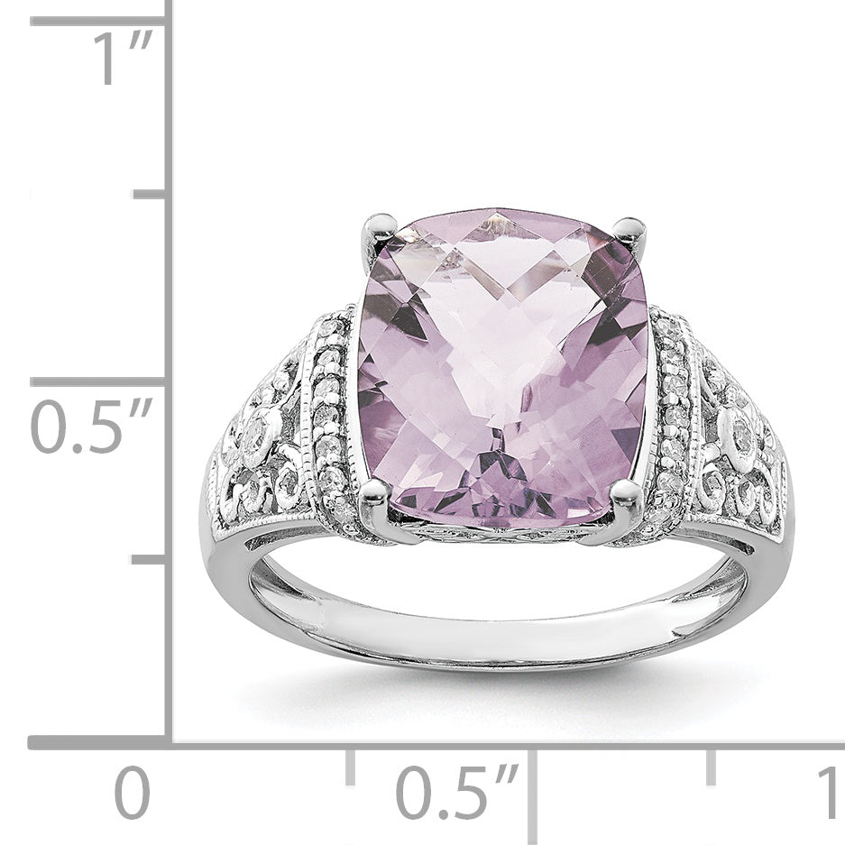 Sterling Silver Rhodium Diamond & Checker Cut Pink Quartz Ring
