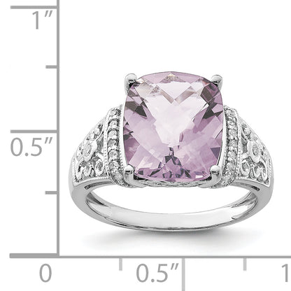 Sterling Silver Rhodium Diamond & Checker Cut Pink Quartz Ring