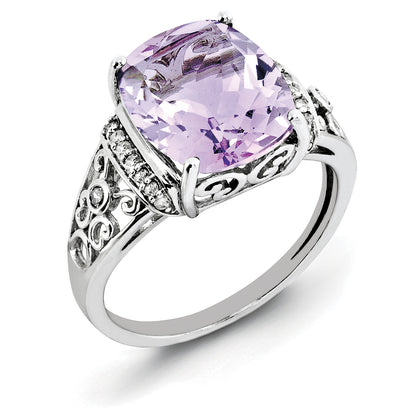 Sterling Silver Rhodium Diamond & Checker Cut Pink Quartz Ring