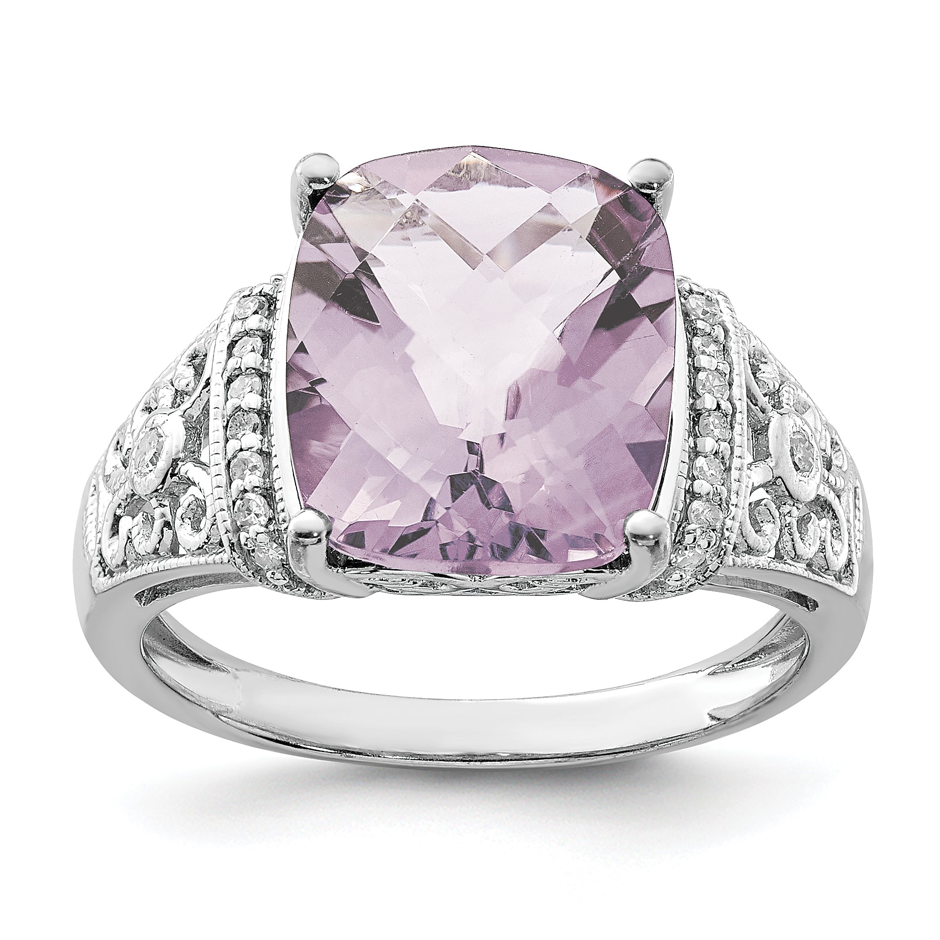 Sterling Silver Rhodium Diamond & Checker Cut Pink Quartz Ring
