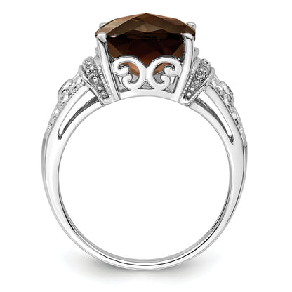 Sterling Silver Rhodium Diamond & Checker Cut Smoky Quartz Ring