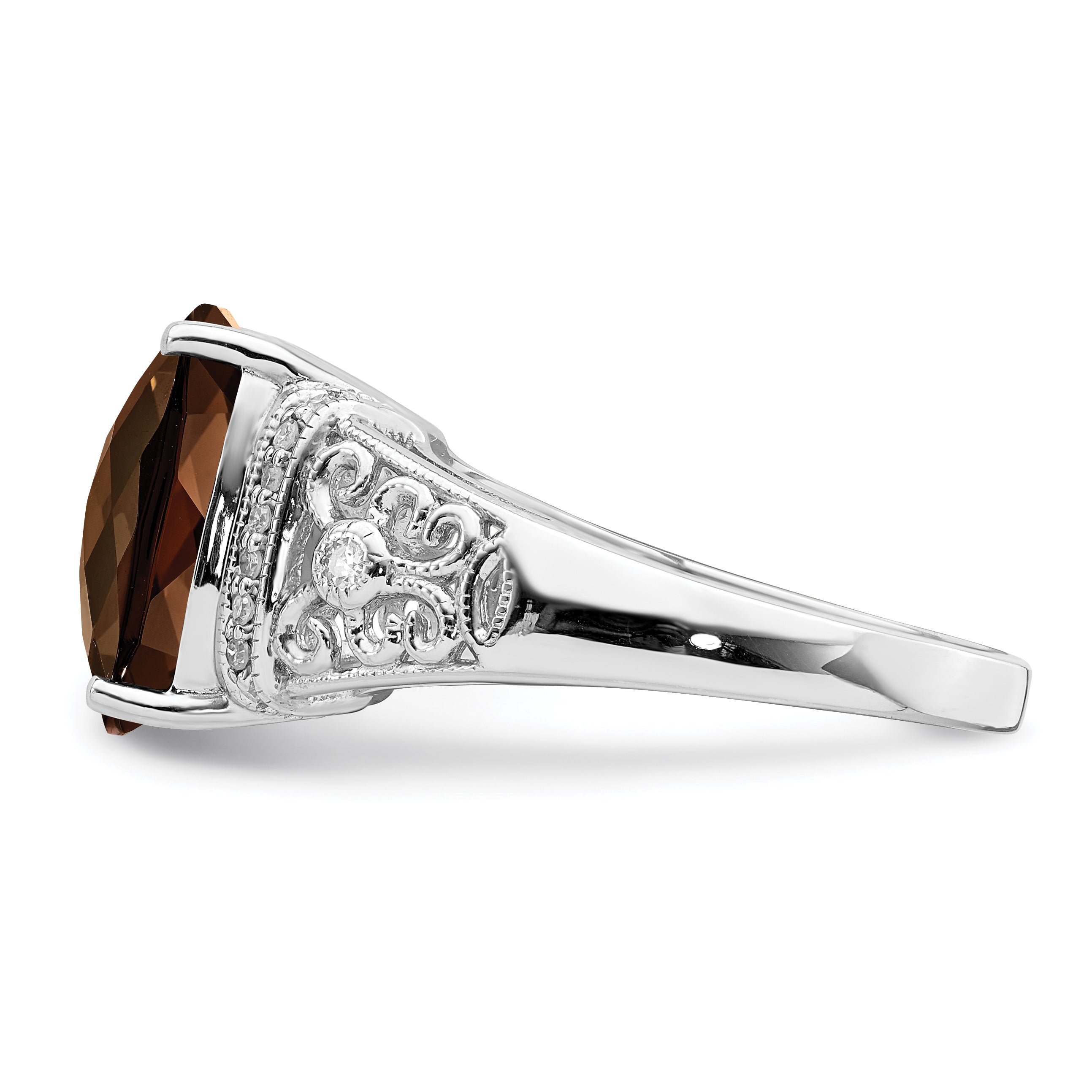 Sterling Silver Rhodium Diamond & Checker Cut Smoky Quartz Ring