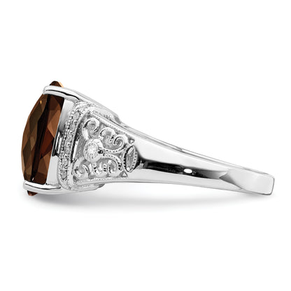 Sterling Silver Rhodium Diamond & Checker Cut Smoky Quartz Ring
