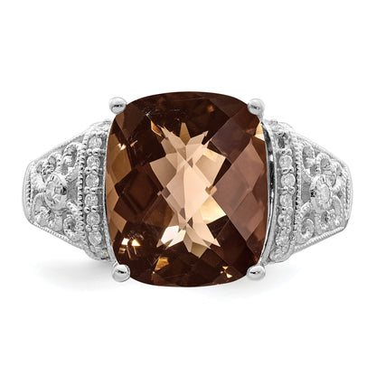 Sterling Silver Rhodium Diamond & Checker Cut Smoky Quartz Ring
