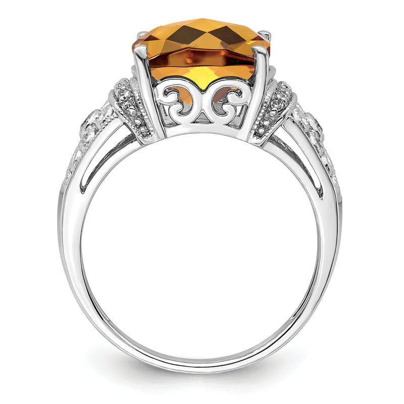 Sterling Silver Rhodium Diamond & Checker Cut Whiskey Quartz Ring
