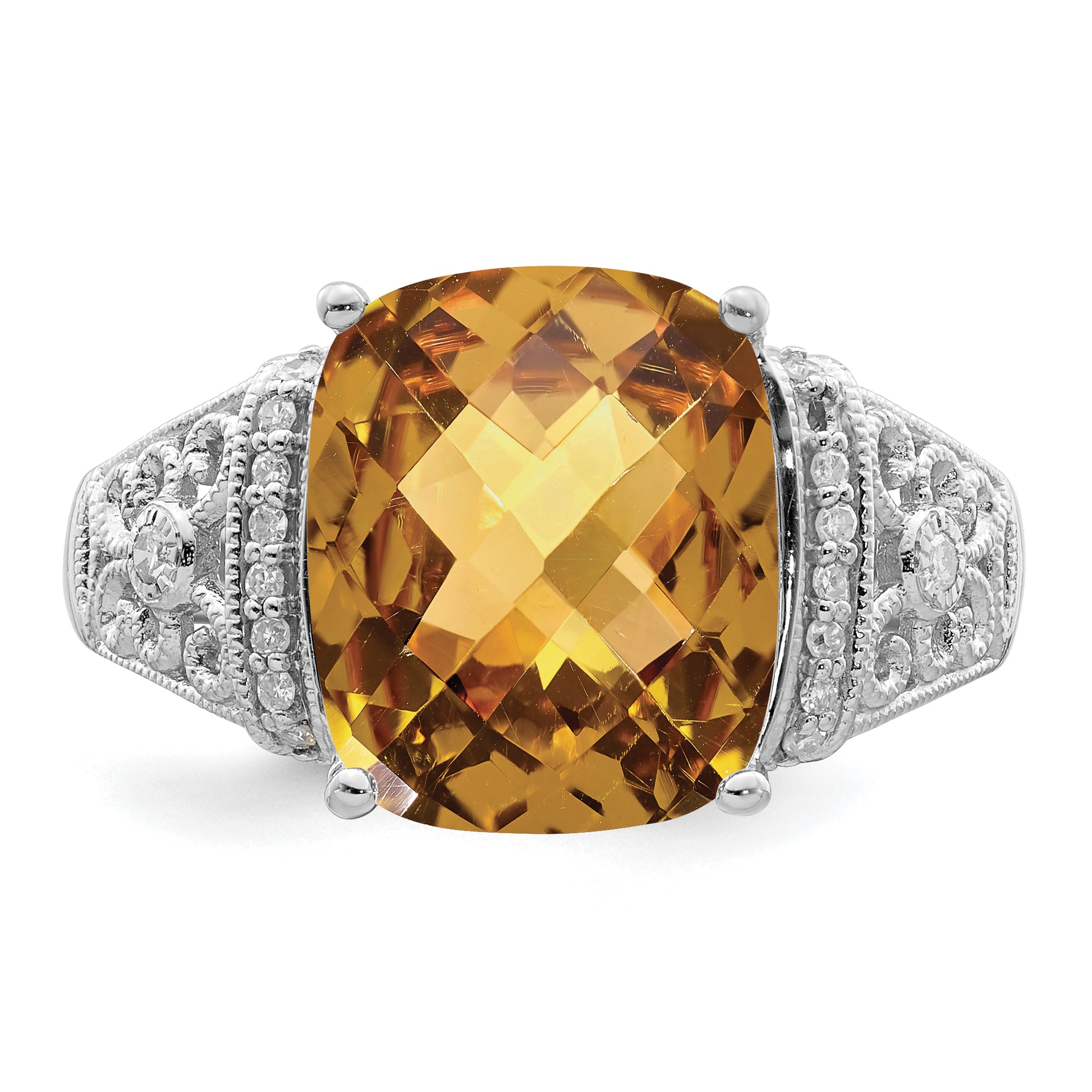 Sterling Silver Rhodium Diamond & Checker Cut Whiskey Quartz Ring