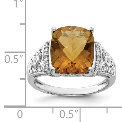 Sterling Silver Rhodium Diamond & Checker Cut Whiskey Quartz Ring