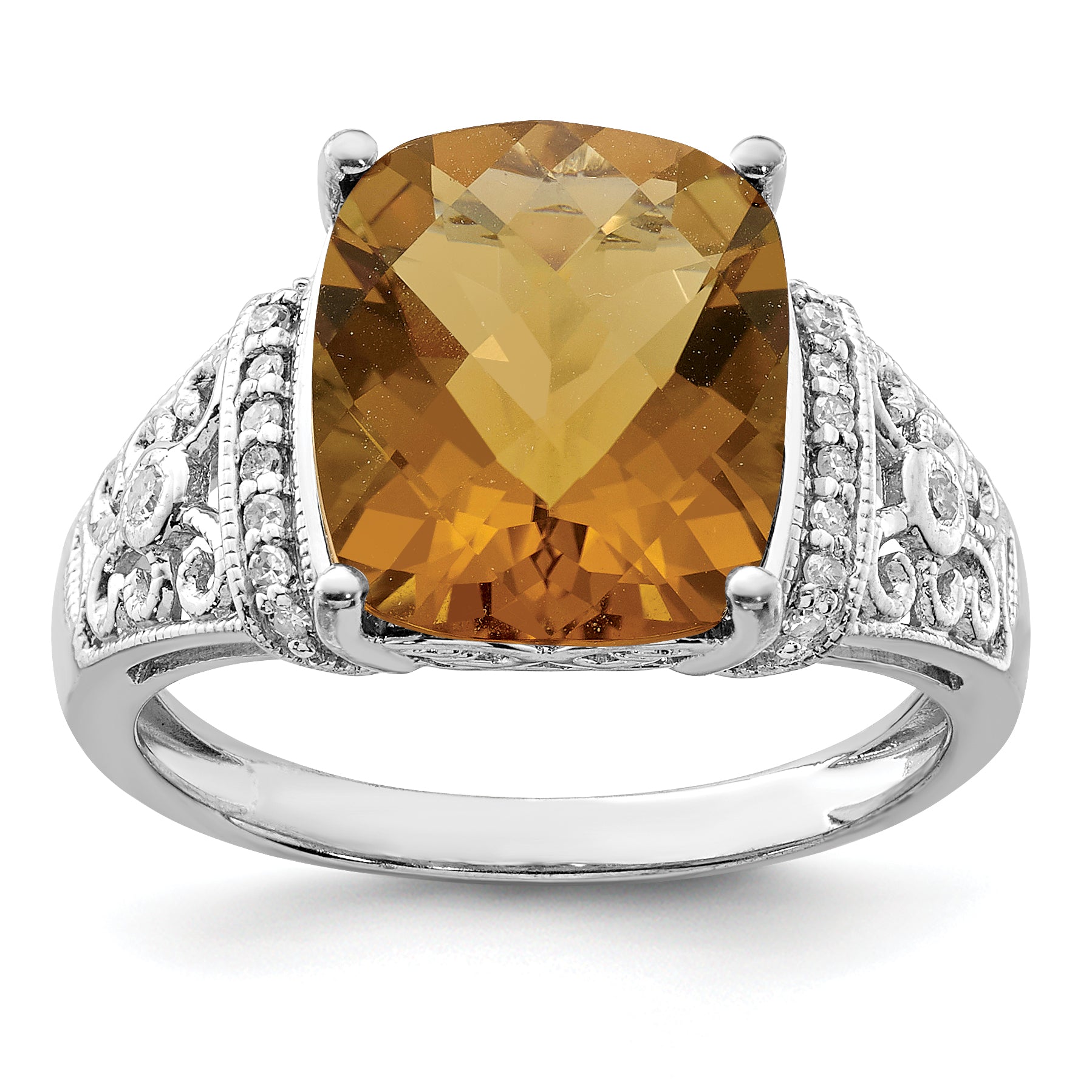 Sterling Silver Rhodium Diamond & Checker Cut Whiskey Quartz Ring