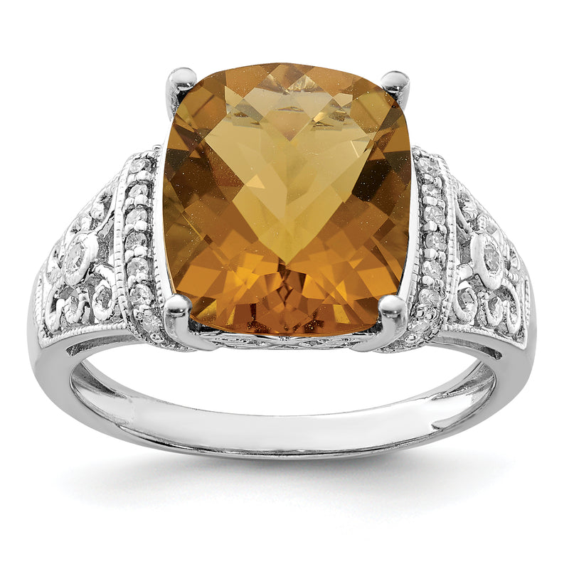 Sterling Silver Rhodium Diamond & Checker Cut Whiskey Quartz Ring