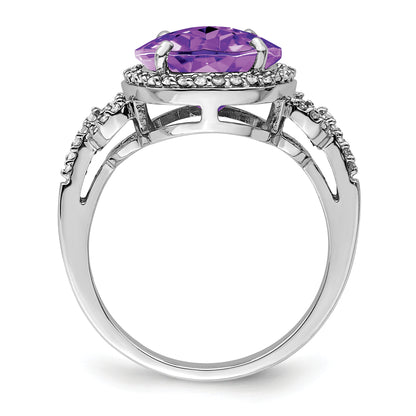 Sterling Silver Rhodium Oval Checker Cut Amethyst & Diamond Ring (Size 7 Only)