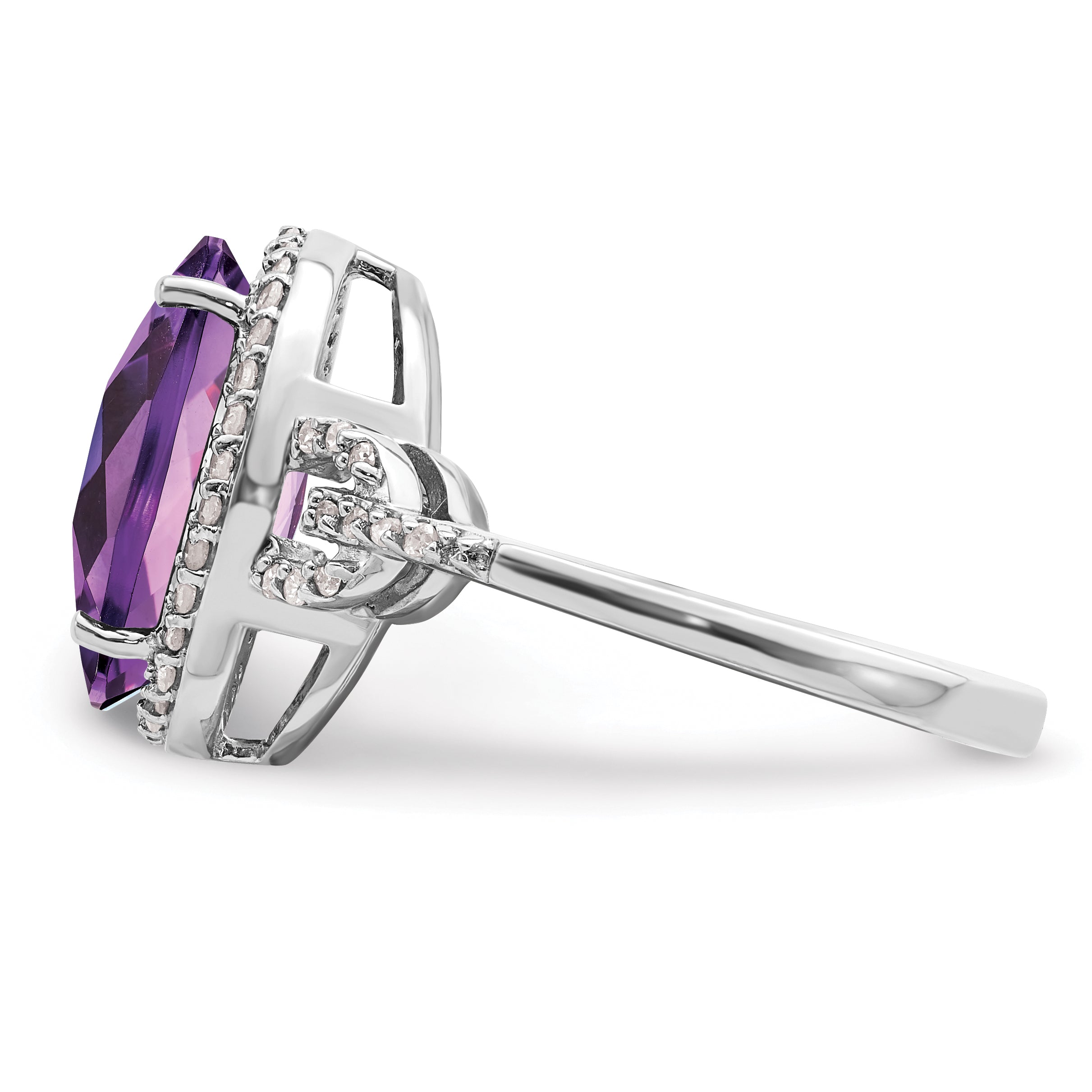 Sterling Silver Rhodium Oval Checker Cut Amethyst & Diamond Ring (Size 7 Only)