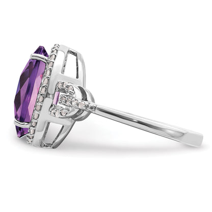 Sterling Silver Rhodium Oval Checker Cut Amethyst & Diamond Ring (Size 7 Only)