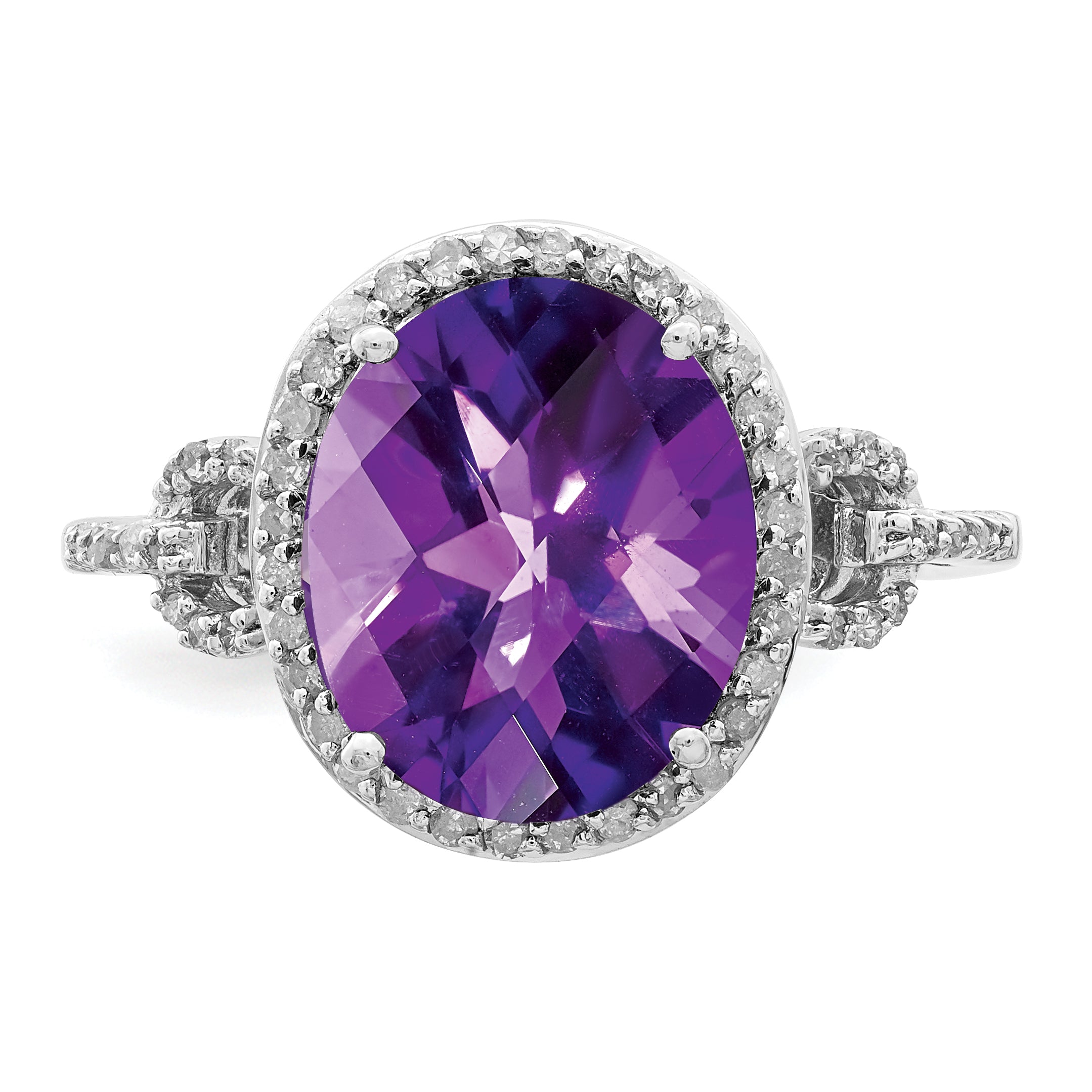 Sterling Silver Rhodium Oval Checker Cut Amethyst & Diamond Ring (Size 7 Only)