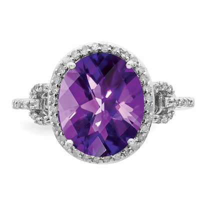 Sterling Silver Rhodium Oval Checker Cut Amethyst & Diamond Ring (Size 7 Only)
