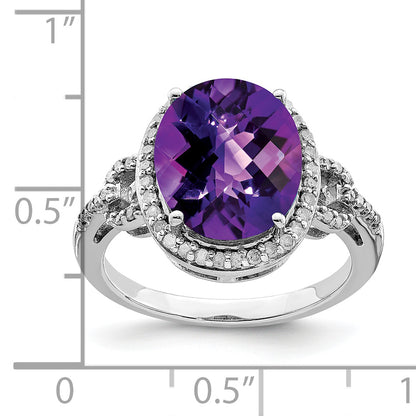 Sterling Silver Rhodium Oval Checker Cut Amethyst & Diamond Ring (Size 7 Only)